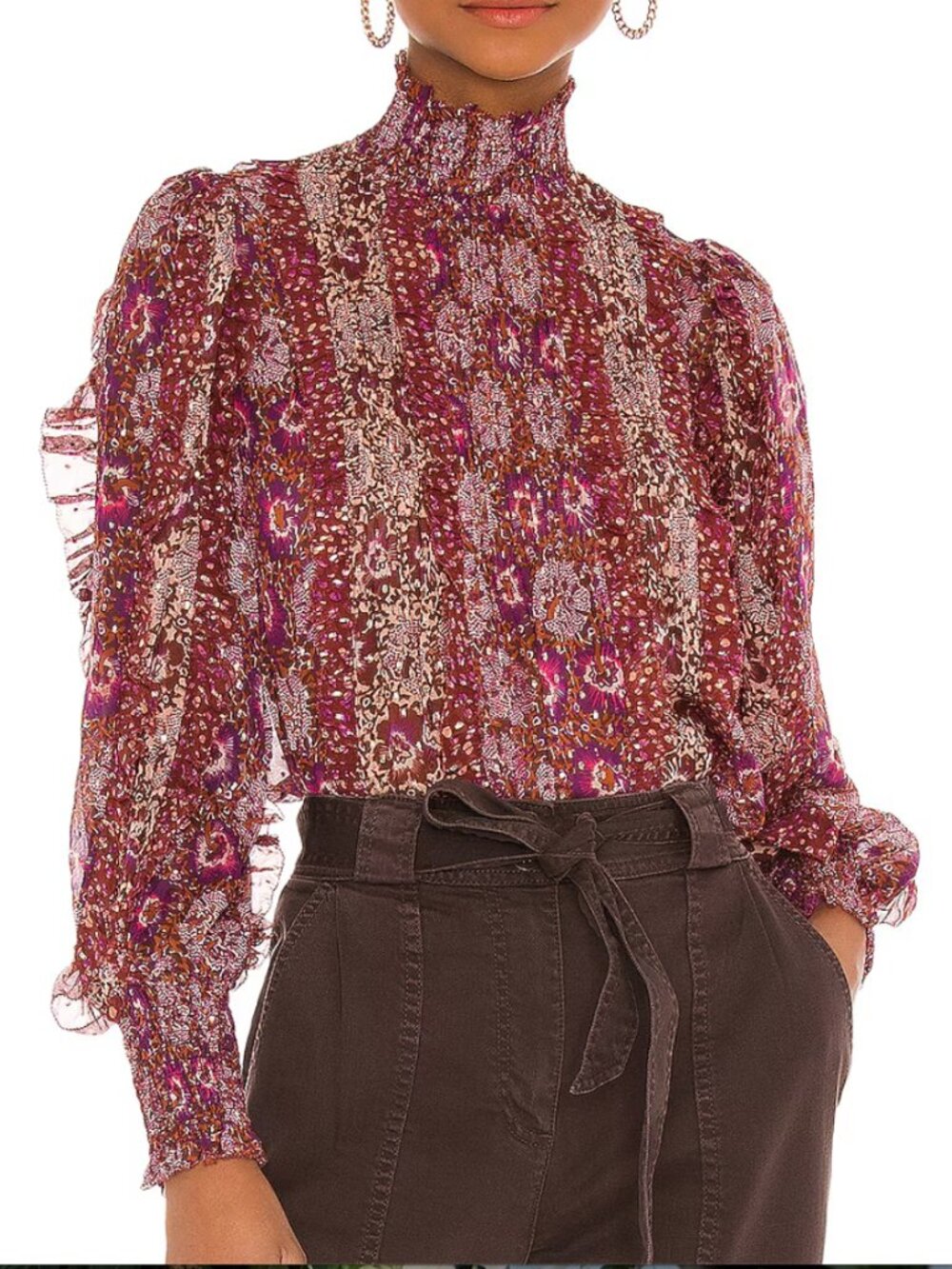 Ulla Johnson Purple Multi Smocked Ruffle-Neck Blouse
